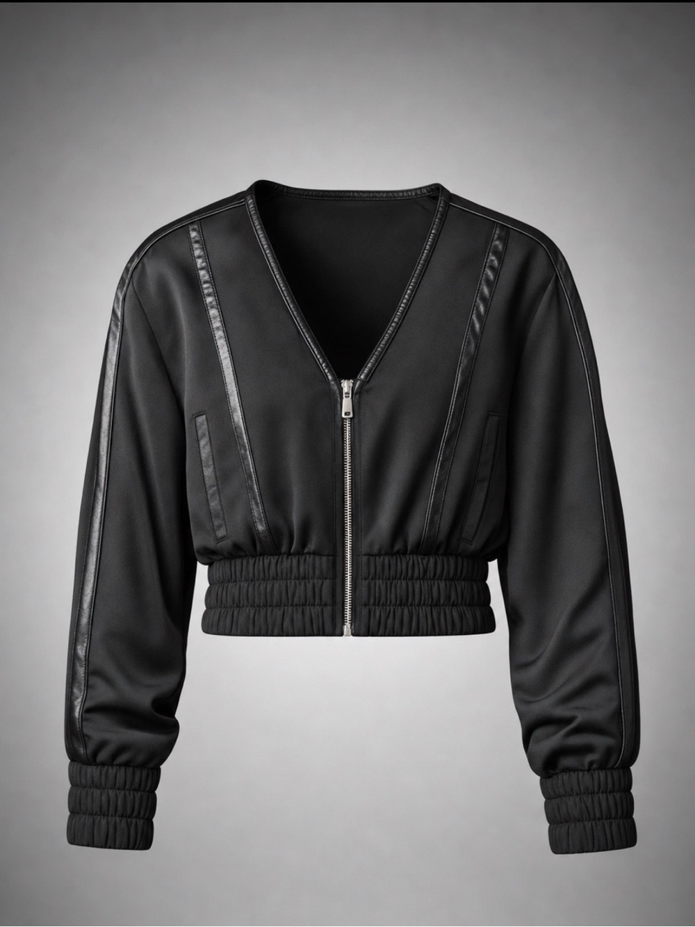 MDV Cropped Satin Bomber Leather Trim Black 4 NWOT